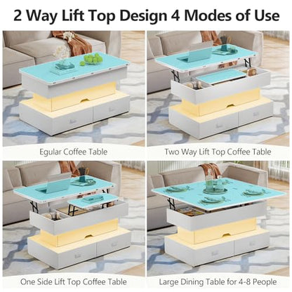Turosur 40" Lift Top Coffee Table, Coffee Tables with Storage and 4 Drawer, Coffee Table with Lifting top with LED Lights for Living Room Home Office - color: White