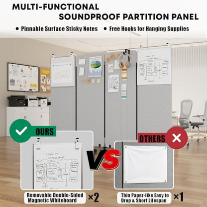 4 Panel Soundproof Room Divider W/Wheels, Office Divider with Whiteboard | 66" H with Detachable Whiteboard/Clips/Hooks/Pushpins,Wheeled Room Dividers, Easy to Move,For Conference Room Partitions - color: Grey, size: 4-Panel-with Board