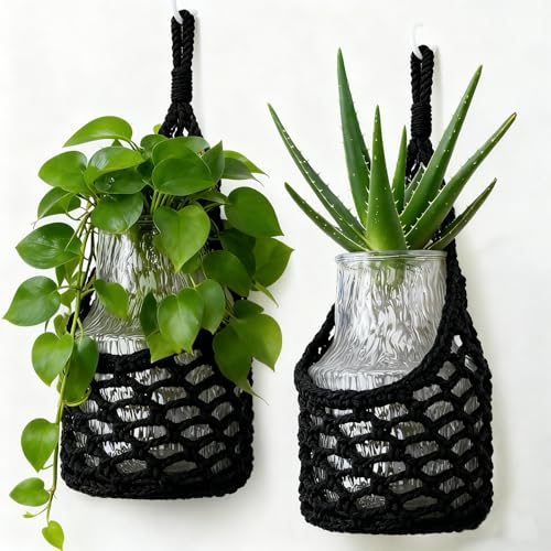 Macrame Wall Plant Hanger, Hanging Planter Basket Holder, Wall Planters for Indoor Plants, for Up to 6 Inch Pot (Black, 6-Inch) - color: Black, size: 6-Inch