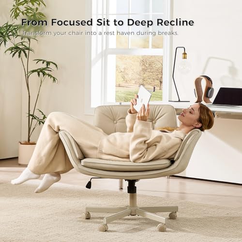 amseatec Criss Cross Office Chair, Swivel Makeup Vanity Chair with Wheels | Wide PU seat supports cross-legged, fidget-friendly sitting; 5-level armrests create pet space; wipe-clean finish eases care - color: Cream Beige