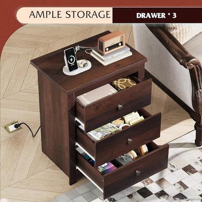 WLIVE Tall Nightstand with Charging Station, Wood Night Stand with 3 Drawers Storage, Bedside Table End Side Tables with 2 USB Ports and Outlets for Bedroom, Closet, Espresso | 3 Drawers Storage, Power Outlets(2AC+2USB), Easy Assembly, Premium Eco-friendl