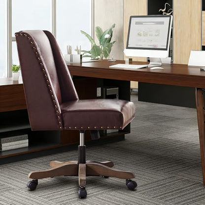 Upholstered Armless Office Chair Faux Leather Swivel Home Desk Office Chair | Modern Comfy Boho Office Chair with Wheels Adjustable Desk Chair no Arms for Sewing Women Farmhouse Study Studio PU Reddish - color: Reddish
