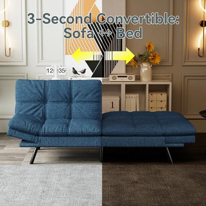 Futon Sofa Bed Convertible Couch, Blue Linen Sofa Bed | Adjustable Backrest & Armrests, Multifunctional Small Loveseat Sleeper Sofa for Living Room, Apartment, Office, Foam Couch - color: A3 | Blue