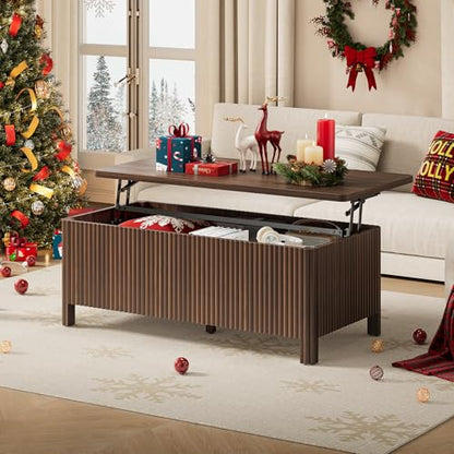Fluted Lift Top Coffee Table with Storage, Mid Century Modern Coffee Table with Hidden Compartment, Rising Top Wood Center Table for Living Room, Home Office, Rounded Edges (Walnut) - color: Walnut