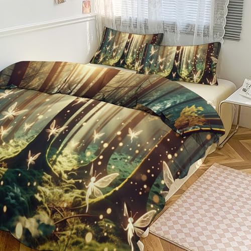 Enchanted Forest 3 Piece Reversible Bedding Set 79"x90",Double Sided Brushed Microfiber Duvet Cover Set with 2 Pillowcases Soft Breathable Comforter Cover for Home - color: Enchanted Forest-1, size: 79"x90"