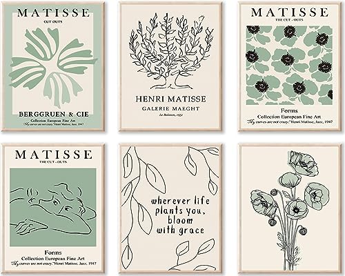 Sage Green Matisse Wall Art - Abstract Floral Prints for Minimalist Bedroom Decor - color: Matisse Wall Art Sage Green, size: 8x10 inch