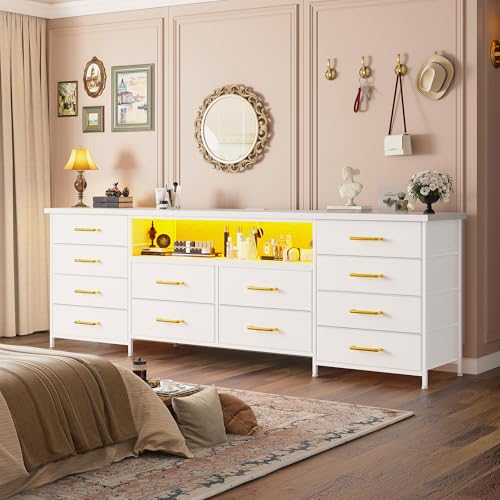 Romorgniz 63" W Dresser for Bedroom, Long Dresser with 12 Fabric Drawers | LED Dresser TV Stand with Power Outlets for 65,70 Inch TVs,Storage Entertainment Center with 2 Wood Shelve,White PU Leather - color: White