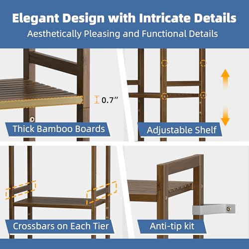 HITNET Bamboo Book Shelf, Tall Narrow Bookcase, Bathroom Shelving Unit 5 Tier Floor Standing Adjustable Bookshelf for Small Spaces, Walnut - color: Walnut