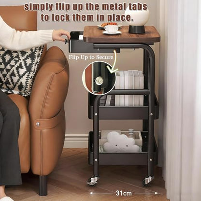 3-Tier Rolling Utility Cart with Drawers, Solid Wood Tabletop Metal Storage Cart, 360° Swivel Wheels & 2 Lockable Casters, Lightweight Mobile Organizer Trolley for Kitchen Living Room Bathroom - color: White