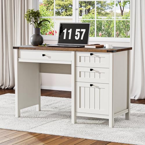 White Farmhouse Desk, 45" Desk with Outlets & File Drawer | At Home Office Desk with Built-in Charging Station, Full Extension Storage for Small spaces, Remote Workers & Students - color: White