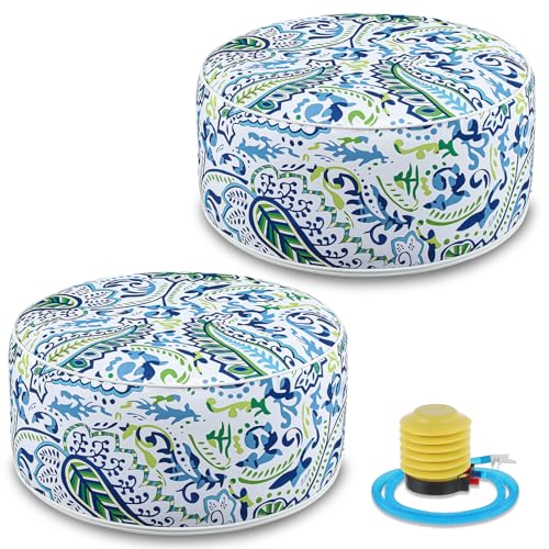 Cinnvoice 2 Pcs Inflatable Indoor Outdoor Ottoman Pouf with Handle D21 x H9 Inch Waterproof Round Pouf Ottoman Portable Footstool for Patio Garden Camping or Home Pool(Paisley) - style: Paisley
