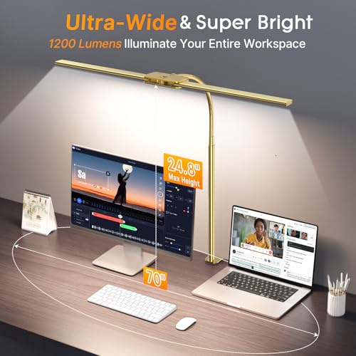 Syrinx LED Desk Lamp for Office Home, Dual Head Eye-Care Architect Lamp | Gesture/Wired Control, Flexible Neck, Bright Desk Light with Memory/Timer, 50 Lighting Modes for Study, Drafting, Gold - color: Gold