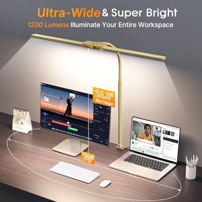 Syrinx LED Desk Lamp for Office Home, Dual Head Eye-Care Architect Lamp | Gesture/Wired Control, Flexible Neck, Bright Desk Light with Memory/Timer, 50 Lighting Modes for Study, Drafting, Gold - color: Gold
