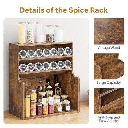 Simple Trending Spice Rack Organizer, 3 Tire Wood Kitchen Counter Spice Rack, Large Counter Seasoning Organizer Storage Shelf for Pantry, Kitchen, 7” W × 14.3” H, Brown