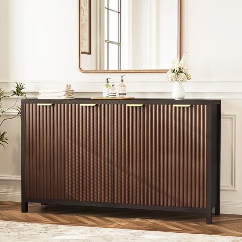 Fluted Buffet Cabinet with Storage, 55" Sideboard Cabinet with 4 Doors, Modern Credenza Accent Console Cabinet Coffee Bar Table for Living Room Dining Room Hallway, Dark Walnut - color: Dark Walnut