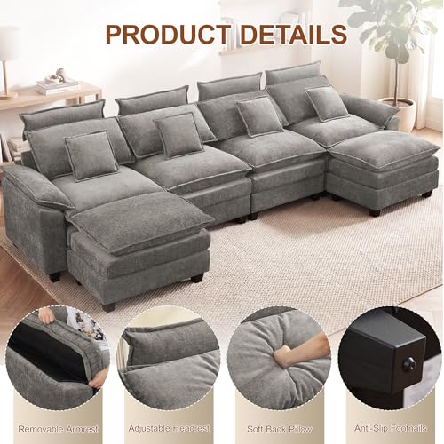 134'' U Shaped Sectional Couch, Cloud Deep Seat Sofa Couch with 2 Ottoman, Detachable Headrest, Oversized Modular 5 Seater Sofas for Living Room, Light Grey - color: Light Grey, size: U Shaped Couch