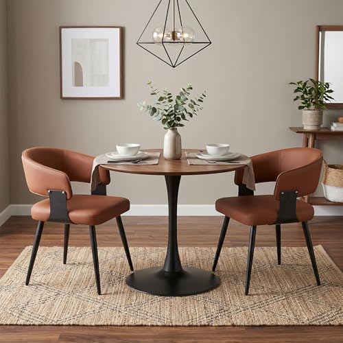 Dining Chairs Set of 2, Modern Upholstered Faux Leather Kitchen Chairs with Curved Back, Easy to Assemble & Clean for Dining Room, Restaurant, Cafe, Brown | Faux Leather Upholstery, Curved Back, Metal Legs, Easy Clean, Dining Room, Kitchen, Breakfast Nook