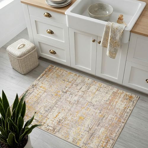 2x3 Gold Washable Entryway Rug,Small Door Mat for Bathroom Kitchen | Soft,low pile,stain resistant,small throw carpet, ideal for kitchen, hallway, nursery, laundry & bedside indoor spaces - color: Beige Gold, size: 2' x 3' (Rectangular)