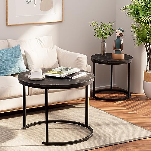 aboxoo Round Nesting Coffee Table Side Set of 2 End Tables for Living Room Bedroom Balcony,Black Faux Marble Wooden Table 23.6IN Accent Large Coffee Table with Steel Frame - color: Black Marble