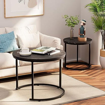 aboxoo Round Nesting Coffee Table Side Set of 2 End Tables for Living Room Bedroom Balcony,Black Faux Marble Wooden Table 23.6IN Accent Large Coffee Table with Steel Frame - color: Black Marble