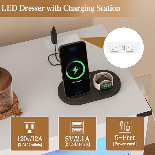 White Dresser 6 Drawer Dressers for Bedroom with LED Lights, Charging Station, Wood Chest of Drawers with Metal Handles, Modern TV Stand Storage Cabinet for Living Room, Hallway, Entryway - color: White, style: LED 6 Drawers