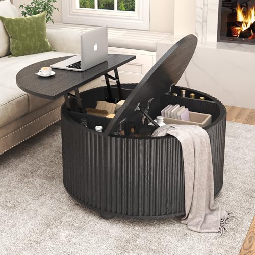 Lift Top Coffee Table w/Storage for Living Room, 35" Modern Round Fluted Coffee Tables w/Large Hidden Space, Wood Living Room Table w/Gas Lift, Center Table for Bedroom, Home Office,Black - color: Black