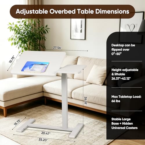 Adjustable Overbed Table with Wheels, Rolling Laptop Table for Bed & Sofa | Height Adjustable 26.38"-42.52" Hospital Bed Table with Tilt Tray for Laptop, Eating, Working, Reading & Home Office - color: White