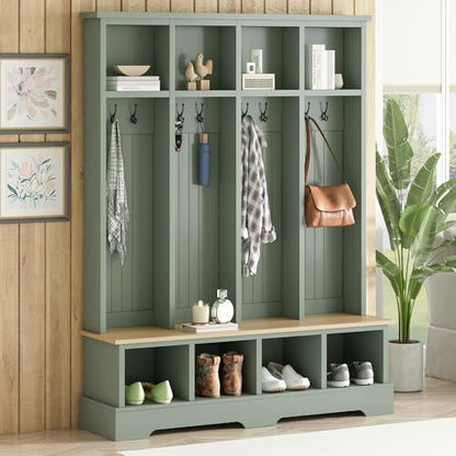 Merax Farmhouse Hall Tree with Bench and Shoe Storage, 59" Entryway Bench with Coat Rack, 3-in-1 Hall Tree with Top Compartments and 8 Hooks for Hallway, Living Room, Green - color: Green