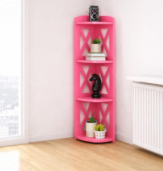 Pink Corner Shelf Stand, Corner Bookshelf, Small Corner Shelves by Natural Wood, Plant Stand, Corner Bookcase for Living Room, Home Office, Bedroom, (Pink, 4 Tier X) - color: Pink, size: 4 Tier X