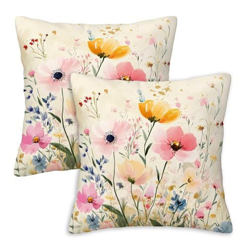 Firmiso Soft Wildflower Throw Pillow Covers 18x18 Set of 2｜Floral Decorative Cushion Covers for Couch Sofa｜Pastel Botanical Pillow Cases｜Romantic Cottage Farmhouse Home Decor | Pink Yellow Accent - color: Soft Wildflower