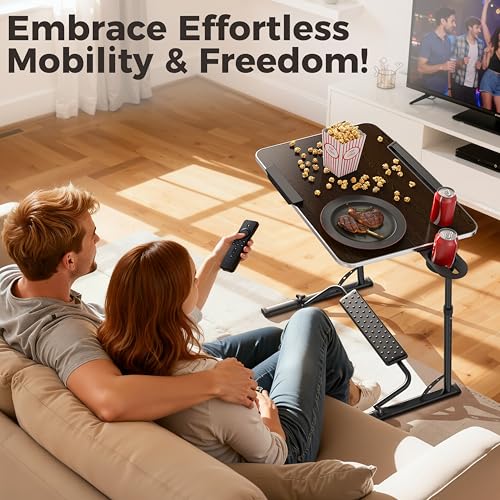 Upgraded Folding TV Tray Table, Sturdy Couch & Dinner Laptop Table | Adjustable Height & Angle Portable Desk for Eating, Work & Recliner; Includes Footrest, Cup Holder, iPad Holder, Edge Stopper - color: (Black) - Dark Wood Mahogany