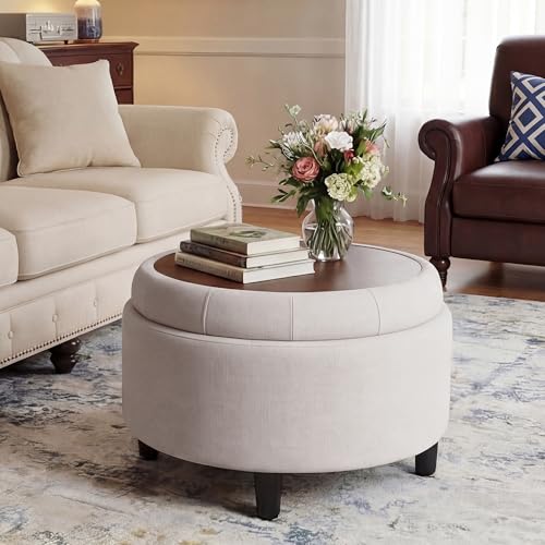 COLAMY Round Hidden Storage Ottoman with Reversible Tray Lid – Multi-Functional Footrest, Sturdy & Stylish Fabric Coffee Table for Living Room, Bedroom, or Entryway, Beige - color: Beige