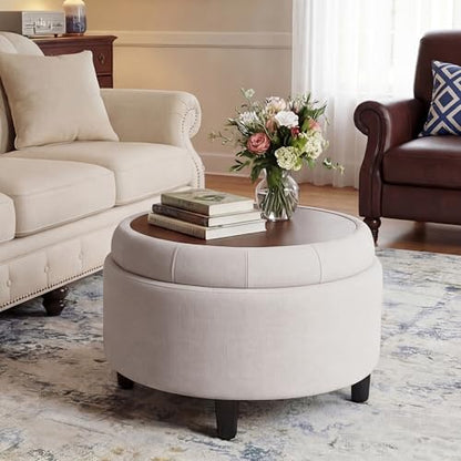 COLAMY Round Hidden Storage Ottoman with Reversible Tray Lid – Multi-Functional Footrest, Sturdy & Stylish Fabric Coffee Table for Living Room, Bedroom, or Entryway, Beige - color: Beige