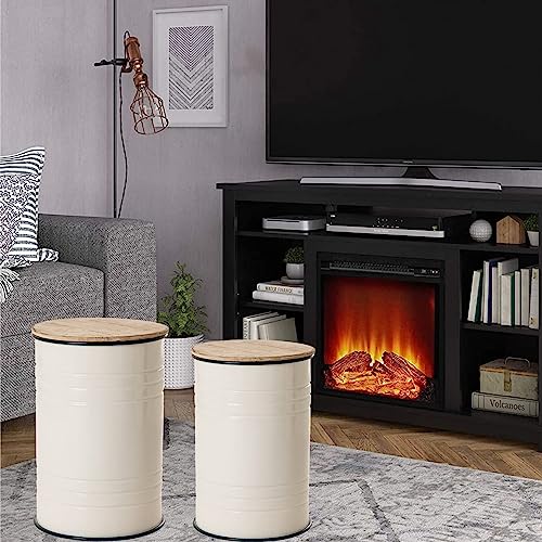 Glitzhome Rustic Storage Ottoman Seat Stool, Farmhouse End Table, Galvanized Dark Blue Rim Imitation Enamel Accent Side Table Toy Box Bin with Round Wood Lid for Living Room, Set of 2, White - color: White