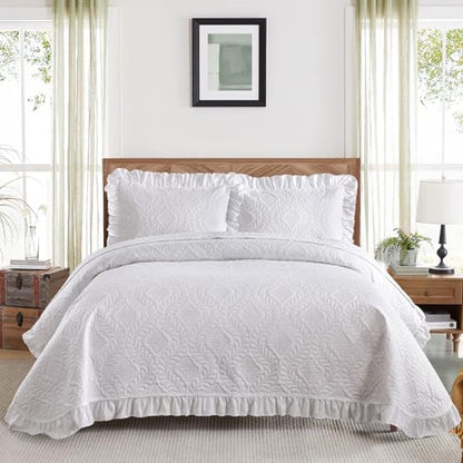 DJY Queen Size Quilt Sets, White Bedspreads, Ruffled Bedding Set | Lightweight Modern Pattern Coverlets, Bed Cover for All Seasons, 96''x90''- 3 Piece (1 Quilt, 2 Pillow Shams) - color: White, size: Queen