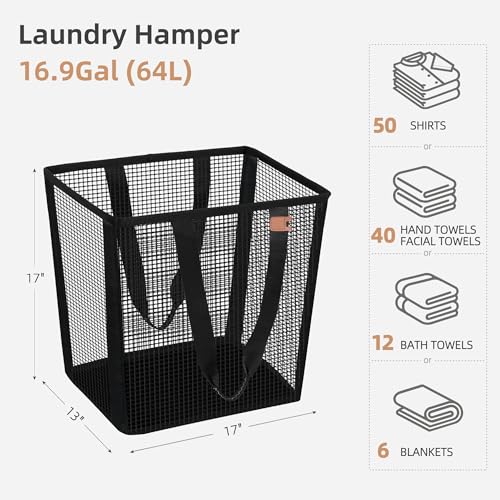 STORAGE MANIAC 접이식 세탁 바구니, 50L(16.9갤런) 긴 운반 손잡이가 있는 대형 팝업 세탁 바구니, 하단 탄성 밴드가 있는 공간 절약형 접이식 옷 바구니, 여행용 세탁 가방, 메시 블랙 - color: 메시 블랙.