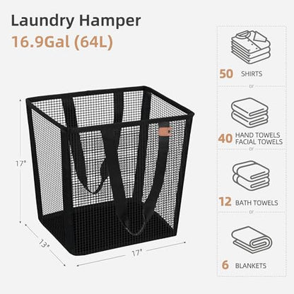 STORAGE MANIAC 접이식 세탁 바구니, 50L(16.9갤런) 긴 운반 손잡이가 있는 대형 팝업 세탁 바구니, 하단 탄성 밴드가 있는 공간 절약형 접이식 옷 바구니, 여행용 세탁 가방, 메시 블랙 - color: 메시 블랙.