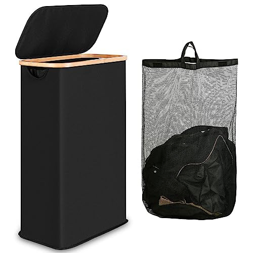 IEGrow Laundry Hamper with Lid,65L Laundry Basket with Mesh Bags,Black | Dirty Clothes Hamper Basket with Bamboo Handle for Clothes Towels - color: Black, size: 65L