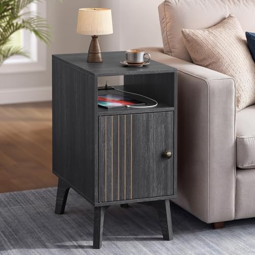 VASAGLE End Table with Charging Station, Narrow Side Table, Nightstand - color: Charcoal Gray