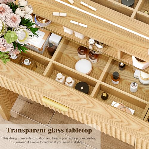 Arulvmrn Makeup Vanity Desk with Mirror and Lights, 43.3'' Glass Tabletop Vanity Table with 5 Drawers & Shelves,Big Vanity Set for Bedroom, Oak - color: Oak