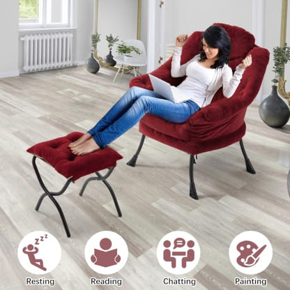 Lazy Chair with Folding Ottoman,Leisure Sofa Chair,Soft Fabric Armchair with Armrests and Side Pockets, Reading Chair with Footrest for Living Room, Bedroom, Office (Plush Red) - color: Plush Red