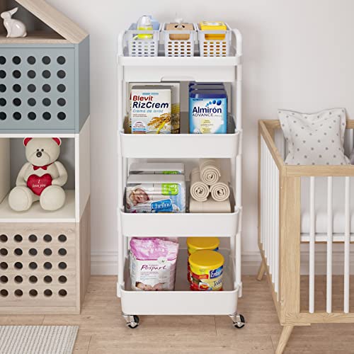 Calmootey 4-Tier Rolling Utility Cart with Drawer,Multifunctional Storage Organizer with Plastic Shelf & Metal Wheel,Storage Cart for Kitchen,Bathroom,Living Room,Office,White | Space-Saving Organizer, Sturdy Plastic Shelves, Smooth-Rolling Metal Wheels,