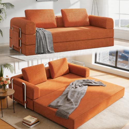 78" Convertible Sofa Bed, Corduroy Pull Out Couch with Fixed Frame & Pocket | 5-in-1 Boneless Sleeper Sofa, Couch Bed with 2 Pillows, Living Room, Small Spaces, Bedroom, No Assembly - color: 78''orange