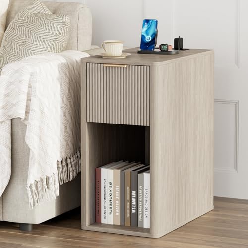 Homleke Narrow End Table with Fluted Drawer & Charging Station | Compact Nightstand with USB Ports & Outlets, Bedside Table for Bedroom, Living Room, Modern Accent Table, Light Gray Oak - color: Light Gray Oak