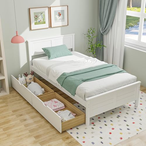 Giantex Wood Twin Bed with 2 Storage Drawers, Solid Wood Platform Bed with Headboard, Wooden Slats Support Mattress Foundation, No Spring Needed, Twin Bed Frame for Kids, Teens, Adults, White - color: White, size: Twin
