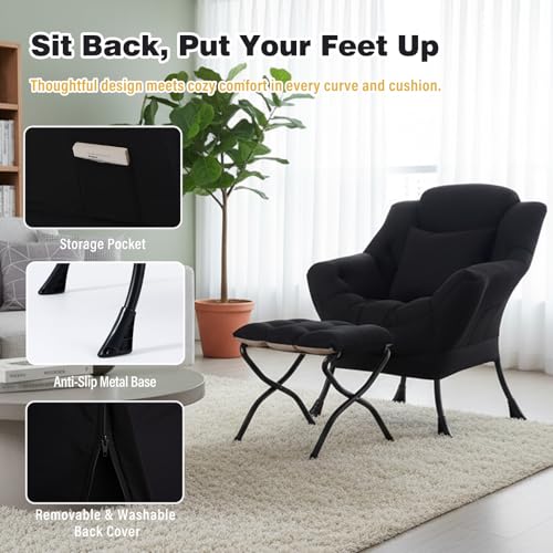 Lazy Chair with Ottoman, Comfy Reading Chair for Bedroom，Black | Comfy Bedroom Accent Chair with Washable Removable Cover and extra throw pillow for Living Room Dorm - color: Midnight Peach Black
