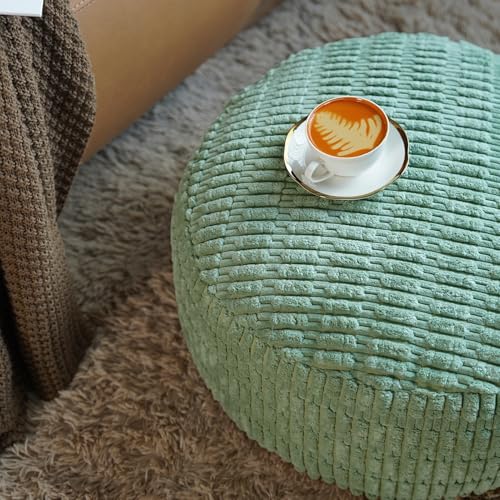Round Unstuffed Pouf Ottoman Bean Bag Cover Pouf Foot Rest, Green | Cover Only, 20x20x8 In, Soft Short Plush, Ribbed Texture, Modern Style, Living Room, Bedroom, Reading Nook - color: Green