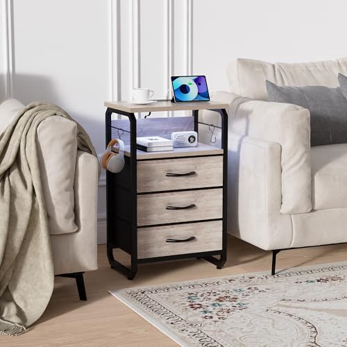 runjuly End Tables Set of 2 with Charging Station, LED Light, Hooks, Greige | 3 Large Fabric Drawers, USB C Ports & Power Outlets, Metal Night Stand Pair, Storage Nightstand for Living Room / Bedroom - color: Greige, style: Larger+Taller Set of 2