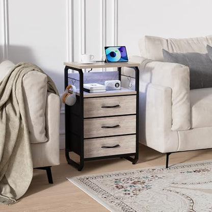 runjuly End Tables Set of 2 with Charging Station, LED Light, Hooks, Greige | 3 Large Fabric Drawers, USB C Ports & Power Outlets, Metal Night Stand Pair, Storage Nightstand for Living Room / Bedroom - color: Greige, style: Larger+Taller Set of 2