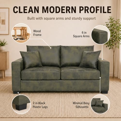 69'' Loveseat Sofa,Modern Fabric 2-Seater Sofa with 2 Pillows(Olive Green) | Small Couches for Living Room, Office,Apartment, Small Spaces,21 in Deep Seat - color: Olive Green